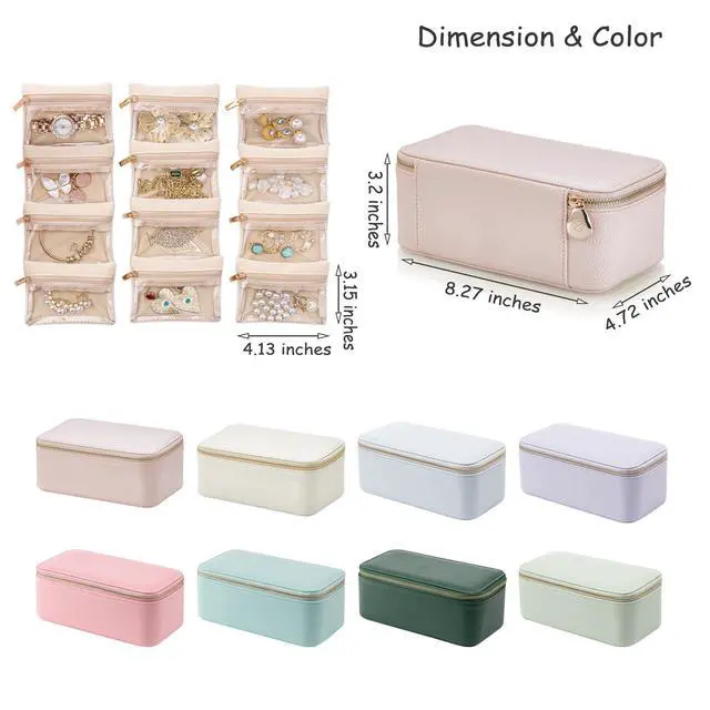 Alt view image 7 of 7 - Travel Jewelry Box Organizer Portable PU Leather Jewelry Case with 6/8/12 Zippered Pouches, Compact Storage for Earrings Rings Necklaces Bracelets, Dark Green