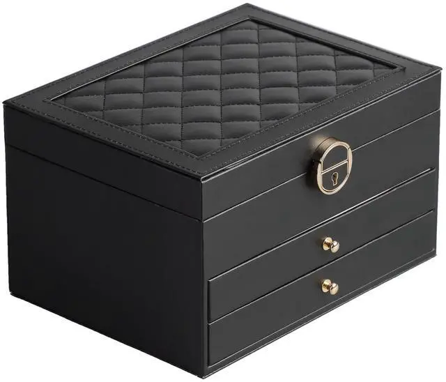 Main image of Jewelry Box for Women Girl Wife 3 Layers Large PU Leather Jewelry Organizer Storage Case with Two drawers Display for Earrings Bracelets Rings Watches (Black)