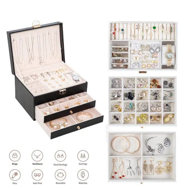 Alt view image 2 of 5 - Jewelry Box for Women Girl Wife 3 Layers Large PU Leather Jewelry Organizer Storage Case with Two drawers Display for Earrings Bracelets Rings Watches (Black)