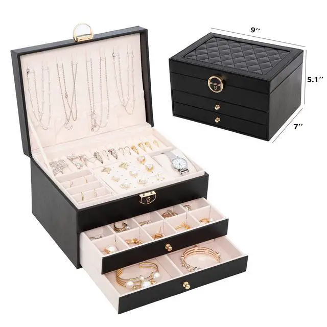 Alt view image 3 of 5 - Jewelry Box for Women Girl Wife 3 Layers Large PU Leather Jewelry Organizer Storage Case with Two drawers Display for Earrings Bracelets Rings Watches (Black)