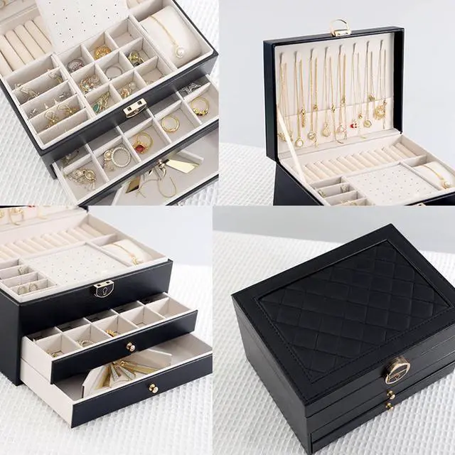 Alt view image 4 of 5 - Jewelry Box for Women Girl Wife 3 Layers Large PU Leather Jewelry Organizer Storage Case with Two drawers Display for Earrings Bracelets Rings Watches (Black)