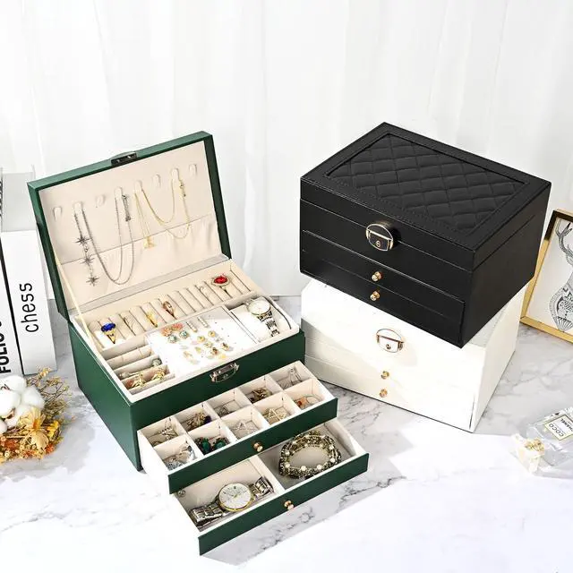 Alt view image 5 of 5 - Jewelry Box for Women Girl Wife 3 Layers Large PU Leather Jewelry Organizer Storage Case with Two drawers Display for Earrings Bracelets Rings Watches (Black)
