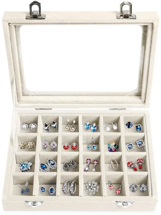 Main image of Velvet Jewelry Box 24 Grid Jewelry Earrings Display Organiser Box Ring Tray Holder Earrings Storage Case for Girls Women Wife Mom (Beige)