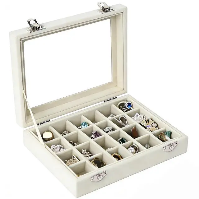 Alt view image 3 of 7 - Velvet Jewelry Box 24 Grid Jewelry Earrings Display Organiser Box Ring Tray Holder Earrings Storage Case for Girls Women Wife Mom (Beige)
