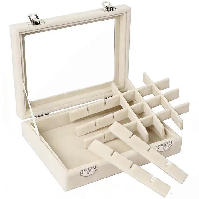 Alt view image 6 of 7 - Velvet Jewelry Box 24 Grid Jewelry Earrings Display Organiser Box Ring Tray Holder Earrings Storage Case for Girls Women Wife Mom (Beige)