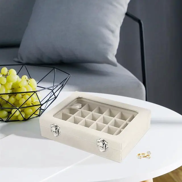 Alt view image 7 of 7 - Velvet Jewelry Box 24 Grid Jewelry Earrings Display Organiser Box Ring Tray Holder Earrings Storage Case for Girls Women Wife Mom (Beige)