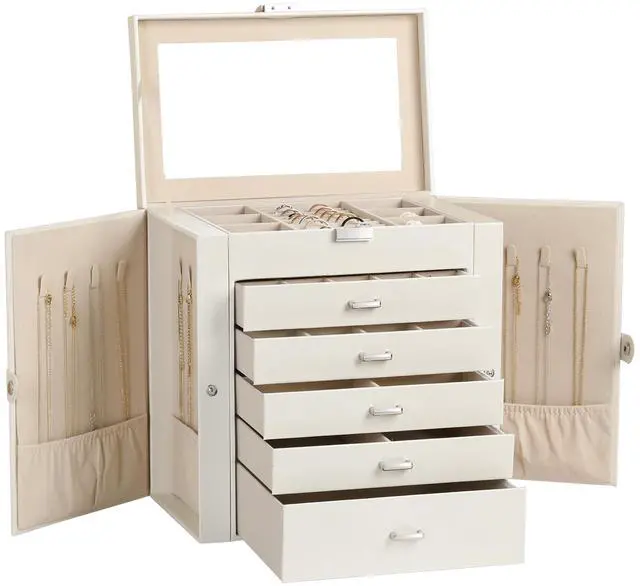 Main image of 6-Tier PU Leather Jewelry Organizer,Multi-functional Storage Case with Mirror,Accessories Holder with 5 Drawers for Necklace Bracelets Watches(Pearl White)