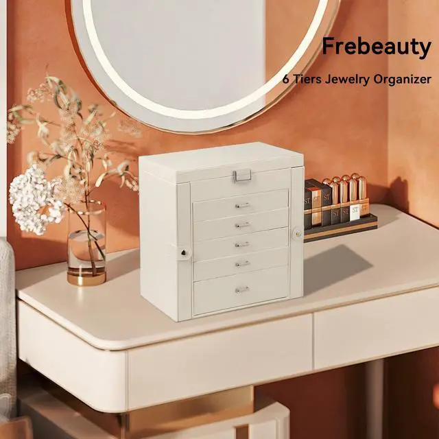 Alt view image 2 of 7 - 6-Tier PU Leather Jewelry Organizer,Multi-functional Storage Case with Mirror,Accessories Holder with 5 Drawers for Necklace Bracelets Watches(Pearl White)