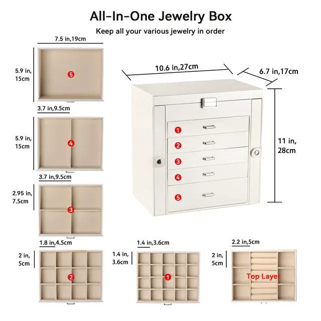 Alt view image 3 of 7 - 6-Tier PU Leather Jewelry Organizer,Multi-functional Storage Case with Mirror,Accessories Holder with 5 Drawers for Necklace Bracelets Watches(Pearl White)