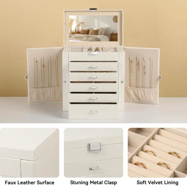 Alt view image 4 of 7 - 6-Tier PU Leather Jewelry Organizer,Multi-functional Storage Case with Mirror,Accessories Holder with 5 Drawers for Necklace Bracelets Watches(Pearl White)