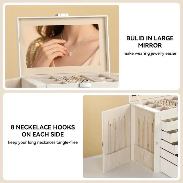 Alt view image 5 of 7 - 6-Tier PU Leather Jewelry Organizer,Multi-functional Storage Case with Mirror,Accessories Holder with 5 Drawers for Necklace Bracelets Watches(Pearl White)