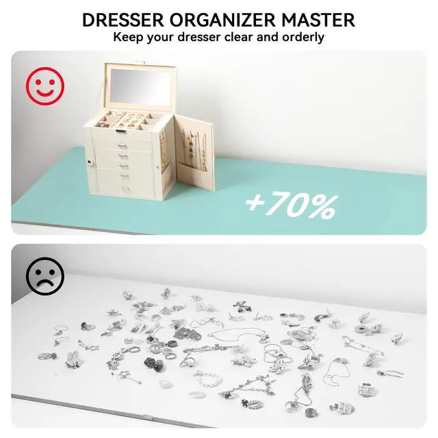 Alt view image 6 of 7 - 6-Tier PU Leather Jewelry Organizer,Multi-functional Storage Case with Mirror,Accessories Holder with 5 Drawers for Necklace Bracelets Watches(Pearl White)