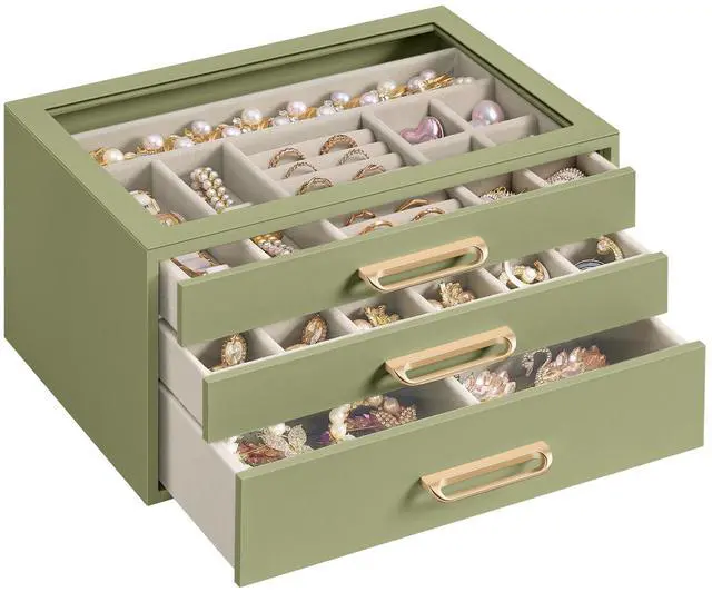 Main image of 3-Layer Jewelry Box with Glass Window, Jewelry Storage Organizer with 3 Drawers, Golden Handles, for Rings, Earrings, Bracelets, Gift Idea, Sage Green, 6.3 x 9.4 x 4.9 Inches UJBC206CE01S
