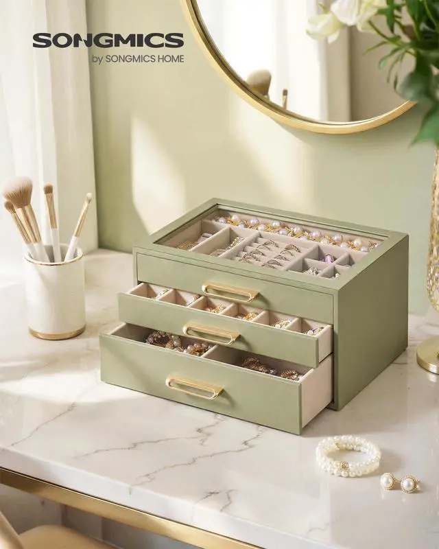 Alt view image 2 of 7 - 3-Layer Jewelry Box with Glass Window, Jewelry Storage Organizer with 3 Drawers, Golden Handles, for Rings, Earrings, Bracelets, Gift Idea, Sage Green, 6.3 x 9.4 x 4.9 Inches UJBC206CE01S