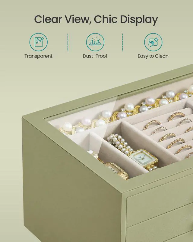 Alt view image 3 of 7 - 3-Layer Jewelry Box with Glass Window, Jewelry Storage Organizer with 3 Drawers, Golden Handles, for Rings, Earrings, Bracelets, Gift Idea, Sage Green, 6.3 x 9.4 x 4.9 Inches UJBC206CE01S