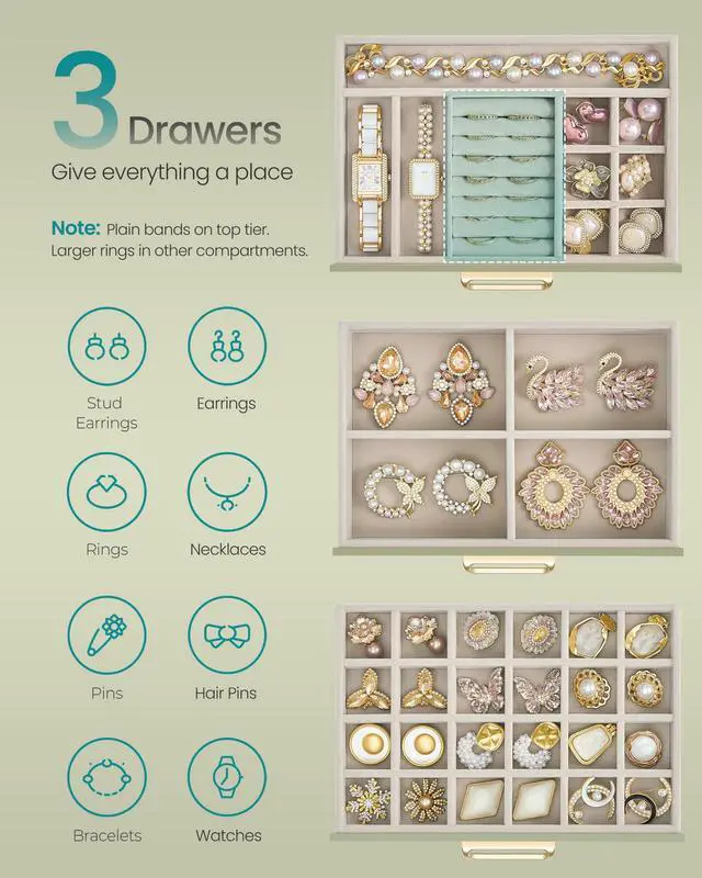 Alt view image 4 of 7 - 3-Layer Jewelry Box with Glass Window, Jewelry Storage Organizer with 3 Drawers, Golden Handles, for Rings, Earrings, Bracelets, Gift Idea, Sage Green, 6.3 x 9.4 x 4.9 Inches UJBC206CE01S