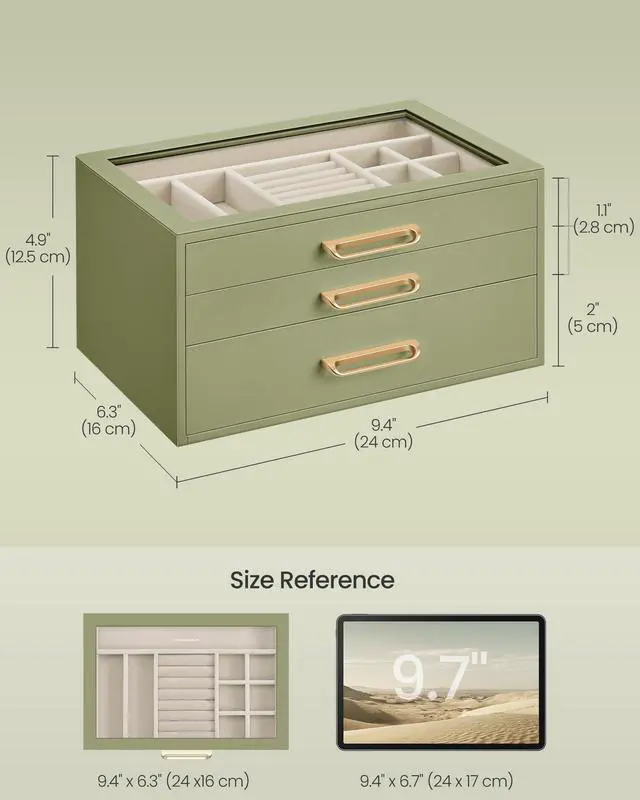 Alt view image 5 of 7 - 3-Layer Jewelry Box with Glass Window, Jewelry Storage Organizer with 3 Drawers, Golden Handles, for Rings, Earrings, Bracelets, Gift Idea, Sage Green, 6.3 x 9.4 x 4.9 Inches UJBC206CE01S