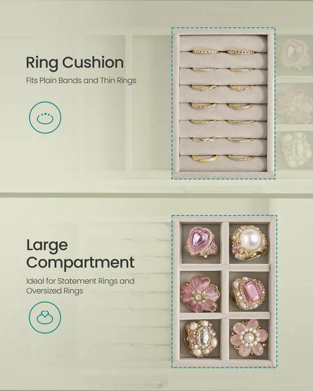 Alt view image 7 of 7 - 3-Layer Jewelry Box with Glass Window, Jewelry Storage Organizer with 3 Drawers, Golden Handles, for Rings, Earrings, Bracelets, Gift Idea, Sage Green, 6.3 x 9.4 x 4.9 Inches UJBC206CE01S