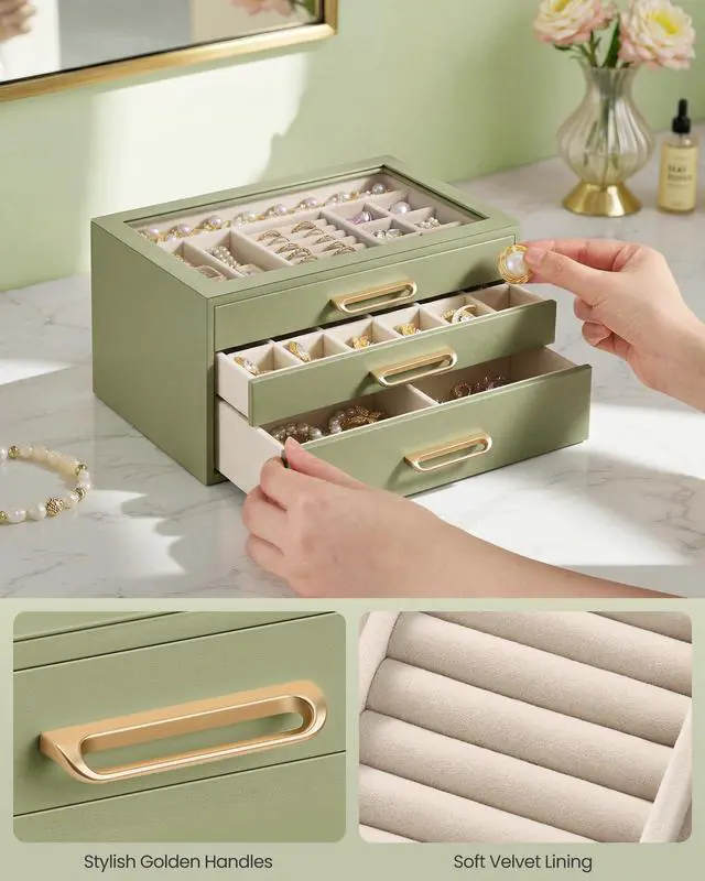 Alt view image 6 of 7 - 3-Layer Jewelry Box with Glass Window, Jewelry Storage Organizer with 3 Drawers, Golden Handles, for Rings, Earrings, Bracelets, Gift Idea, Sage Green, 6.3 x 9.4 x 4.9 Inches UJBC206CE01S