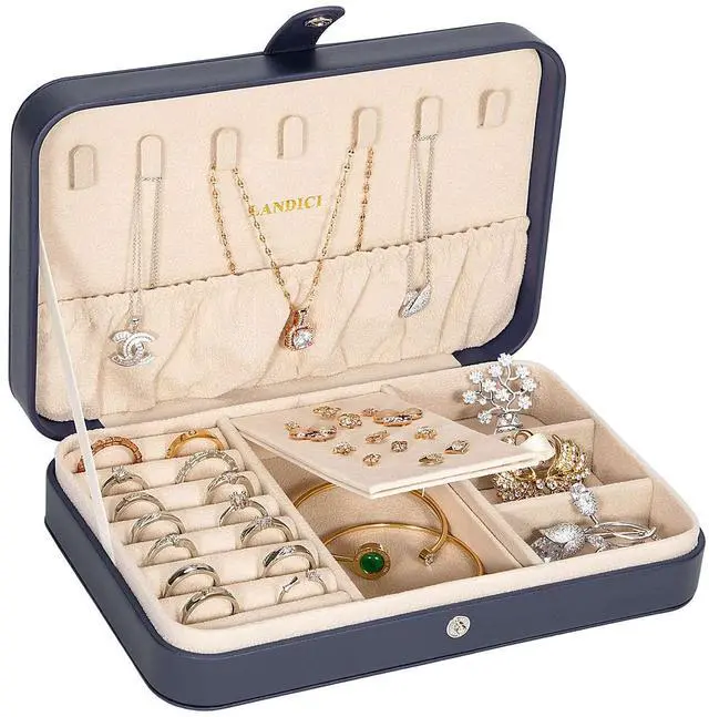 Main image of Small Jewelry Box for Women Girls, PU Leather Travel Jewelry Case, Portable Jewelry Organizer Storage Holder Display for Ring Earrings Necklace Brooch Men Kids Gift, Dark Blue