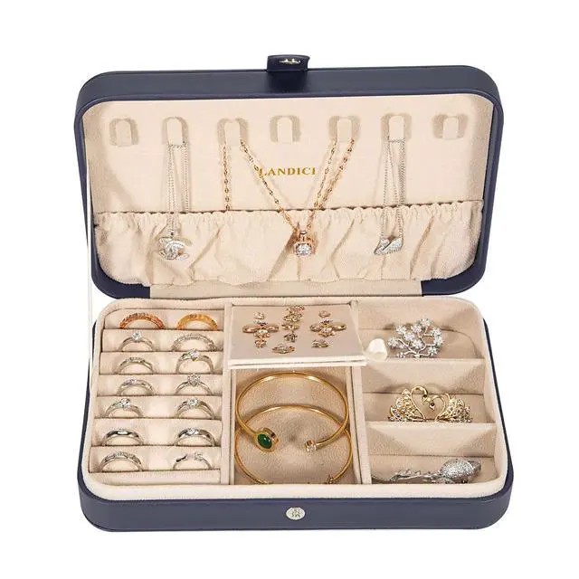 Alt view image 2 of 7 - Small Jewelry Box for Women Girls, PU Leather Travel Jewelry Case, Portable Jewelry Organizer Storage Holder Display for Ring Earrings Necklace Brooch Men Kids Gift, Dark Blue