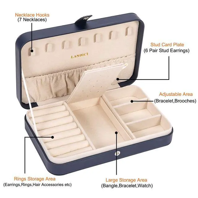 Alt view image 3 of 7 - Small Jewelry Box for Women Girls, PU Leather Travel Jewelry Case, Portable Jewelry Organizer Storage Holder Display for Ring Earrings Necklace Brooch Men Kids Gift, Dark Blue