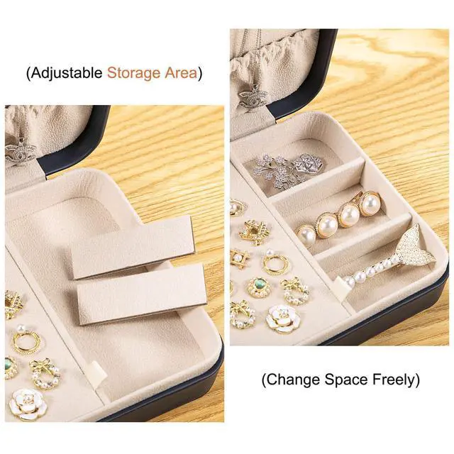 Alt view image 4 of 7 - Small Jewelry Box for Women Girls, PU Leather Travel Jewelry Case, Portable Jewelry Organizer Storage Holder Display for Ring Earrings Necklace Brooch Men Kids Gift, Dark Blue