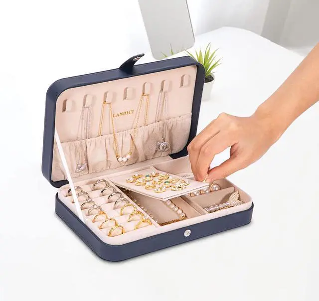 Alt view image 5 of 7 - Small Jewelry Box for Women Girls, PU Leather Travel Jewelry Case, Portable Jewelry Organizer Storage Holder Display for Ring Earrings Necklace Brooch Men Kids Gift, Dark Blue