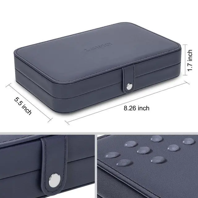 Alt view image 6 of 7 - Small Jewelry Box for Women Girls, PU Leather Travel Jewelry Case, Portable Jewelry Organizer Storage Holder Display for Ring Earrings Necklace Brooch Men Kids Gift, Dark Blue