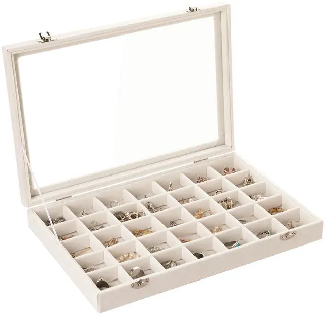 Main image of Velvet Jewelry Tray,35 Grid Jewelry Organizer with Clear Lid,Earring Holder Organizer Case with Clasp,Drawer Insert for Rings Studs,13.8 x 9.5 x 2 Inches,Gift for Women Girls(Beige)