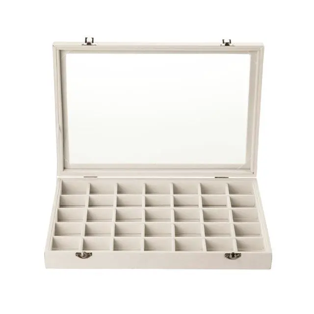 Alt view image 2 of 7 - Velvet Jewelry Tray,35 Grid Jewelry Organizer with Clear Lid,Earring Holder Organizer Case with Clasp,Drawer Insert for Rings Studs,13.8 x 9.5 x 2 Inches,Gift for Women Girls(Beige)