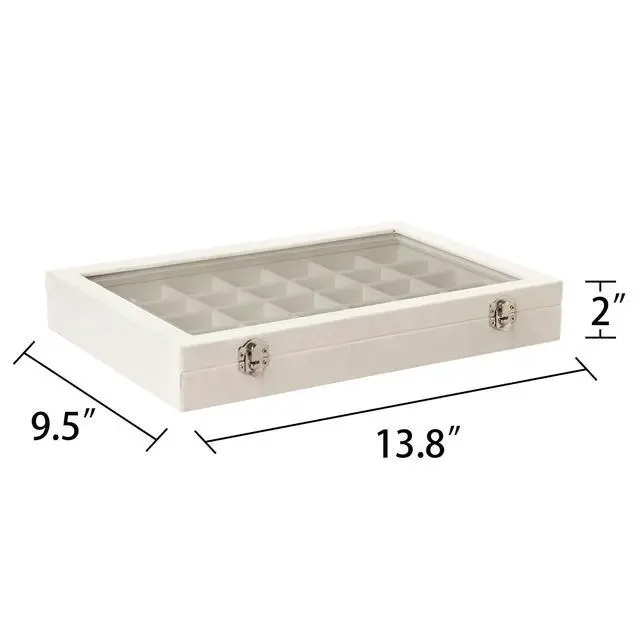 Alt view image 3 of 7 - Velvet Jewelry Tray,35 Grid Jewelry Organizer with Clear Lid,Earring Holder Organizer Case with Clasp,Drawer Insert for Rings Studs,13.8 x 9.5 x 2 Inches,Gift for Women Girls(Beige)