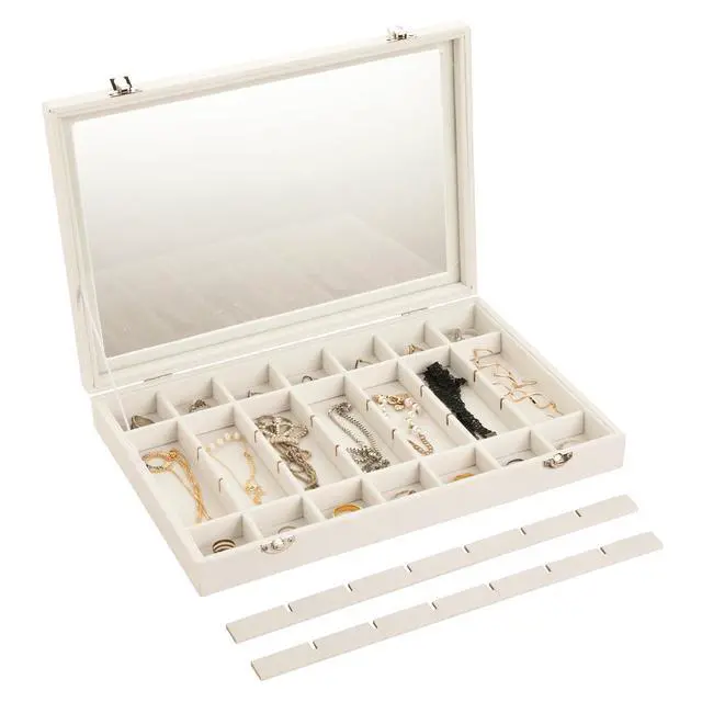 Alt view image 5 of 7 - Velvet Jewelry Tray,35 Grid Jewelry Organizer with Clear Lid,Earring Holder Organizer Case with Clasp,Drawer Insert for Rings Studs,13.8 x 9.5 x 2 Inches,Gift for Women Girls(Beige)
