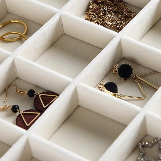 Alt view image 6 of 7 - Velvet Jewelry Tray,35 Grid Jewelry Organizer with Clear Lid,Earring Holder Organizer Case with Clasp,Drawer Insert for Rings Studs,13.8 x 9.5 x 2 Inches,Gift for Women Girls(Beige)