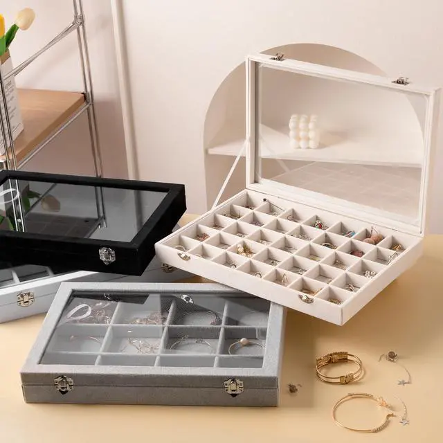 Alt view image 7 of 7 - Velvet Jewelry Tray,35 Grid Jewelry Organizer with Clear Lid,Earring Holder Organizer Case with Clasp,Drawer Insert for Rings Studs,13.8 x 9.5 x 2 Inches,Gift for Women Girls(Beige)