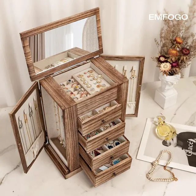 Alt view image 2 of 7 - Jewelry Box for Women, 5 Layer Large Wood Boxes & Organizers for Necklaces Earrings Rings Bracelets, Rustic Organizer with Drawers and Mirror(Carbonized Black)