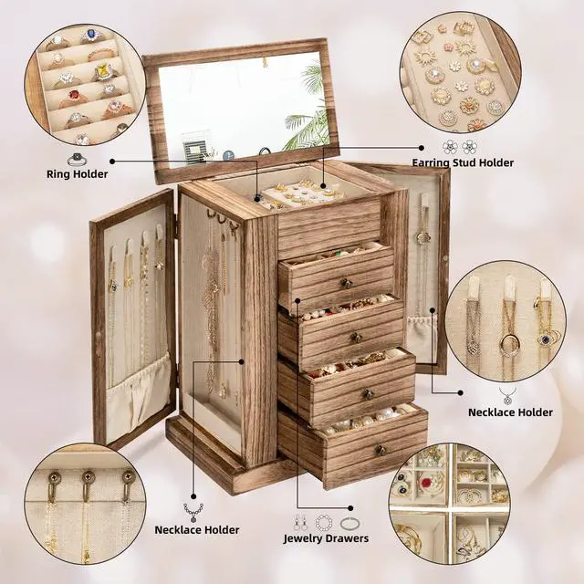 Alt view image 3 of 7 - Jewelry Box for Women, 5 Layer Large Wood Boxes & Organizers for Necklaces Earrings Rings Bracelets, Rustic Organizer with Drawers and Mirror(Carbonized Black)