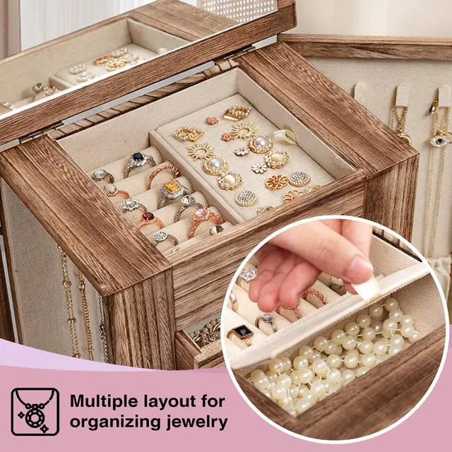 Alt view image 4 of 7 - Jewelry Box for Women, 5 Layer Large Wood Boxes & Organizers for Necklaces Earrings Rings Bracelets, Rustic Organizer with Drawers and Mirror(Carbonized Black)