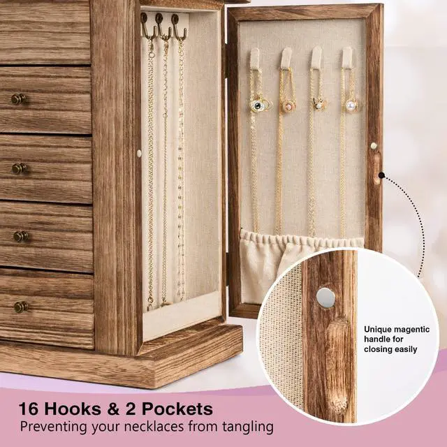 Alt view image 6 of 7 - Jewelry Box for Women, 5 Layer Large Wood Boxes & Organizers for Necklaces Earrings Rings Bracelets, Rustic Organizer with Drawers and Mirror(Carbonized Black)