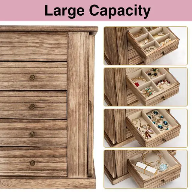 Alt view image 5 of 7 - Jewelry Box for Women, 5 Layer Large Wood Boxes & Organizers for Necklaces Earrings Rings Bracelets, Rustic Organizer with Drawers and Mirror(Carbonized Black)