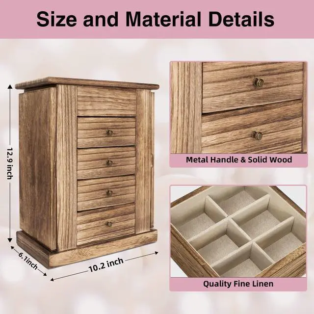 Alt view image 7 of 7 - Jewelry Box for Women, 5 Layer Large Wood Boxes & Organizers for Necklaces Earrings Rings Bracelets, Rustic Organizer with Drawers and Mirror(Carbonized Black)