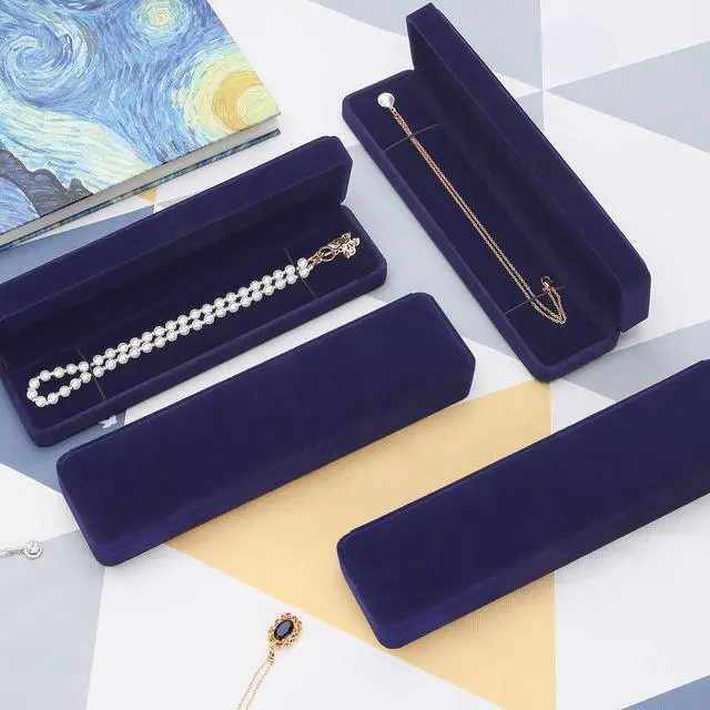 Alt view image 2 of 6 - 4 Pieces Velvet Bracelet Necklace Pendant Jewelry Box, Small Long Jewelry Watch Gift Box for Proposal, Wedding, Engagement, Christmas (BLUE-4PCS)