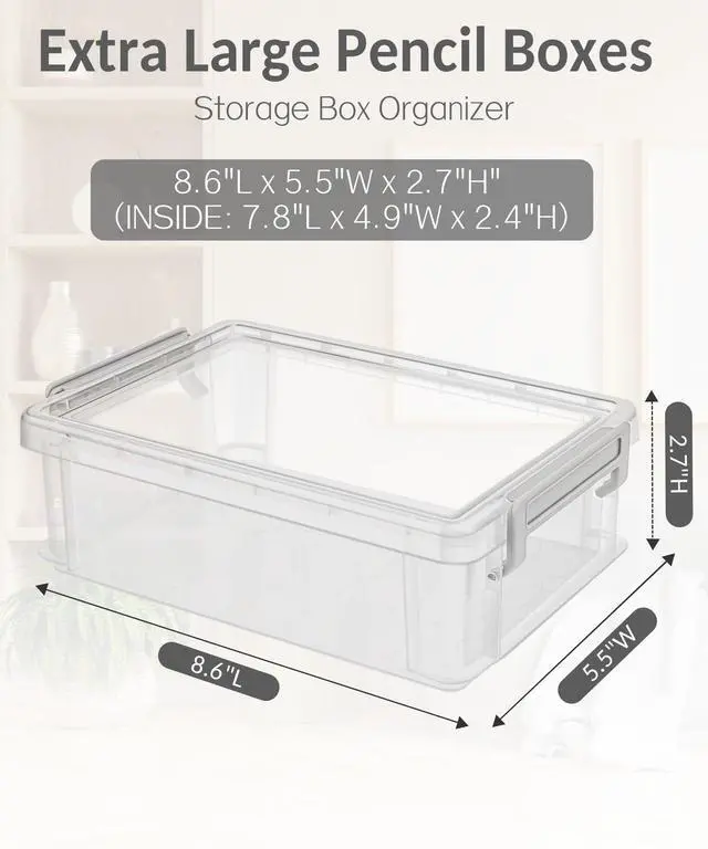 Alt view image 2 of 7 - 6 Pack Extra Large Pencil Box, Plastic Pencil Case Crayon Box, Clear Marker Organizer Plastic Containers with Lid, Stackable Storage Boxes for Art Craft,Pen,Back to School Teacher Supplies, Grey