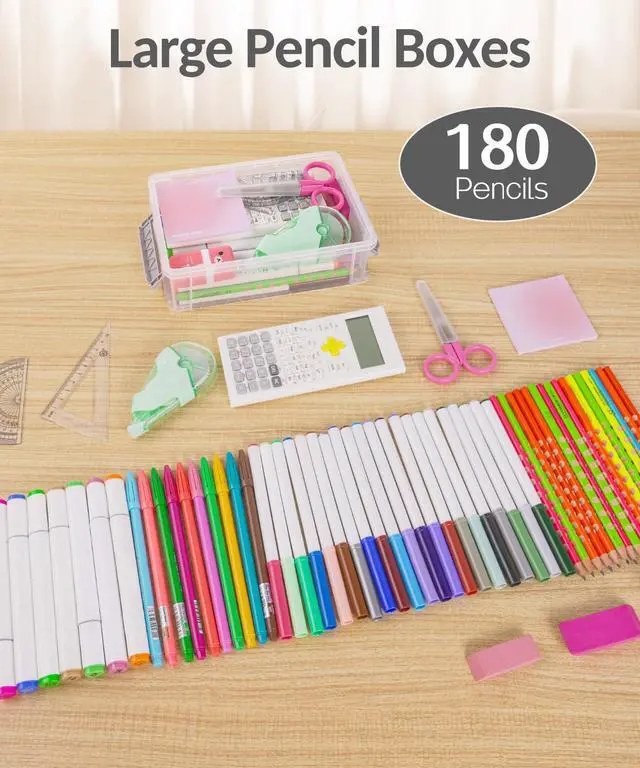 Alt view image 4 of 7 - 6 Pack Extra Large Pencil Box, Plastic Pencil Case Crayon Box, Clear Marker Organizer Plastic Containers with Lid, Stackable Storage Boxes for Art Craft,Pen,Back to School Teacher Supplies, Grey