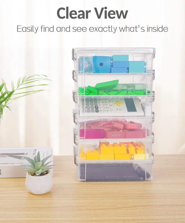 Alt view image 5 of 7 - 6 Pack Extra Large Pencil Box, Plastic Pencil Case Crayon Box, Clear Marker Organizer Plastic Containers with Lid, Stackable Storage Boxes for Art Craft,Pen,Back to School Teacher Supplies, Grey