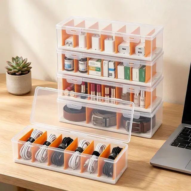 Main image of 5 Pack Clear Cable Organizer Box with Lid, Plastic Cord Storage Case for Chargers, Power Cords, Electronics Accessories Transparent Desk Organizer, Stackable, Adjustable Dividers