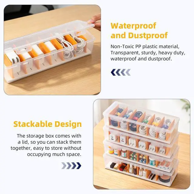 Alt view image 3 of 7 - 5 Pack Clear Cable Organizer Box with Lid, Plastic Cord Storage Case for Chargers, Power Cords, Electronics Accessories Transparent Desk Organizer, Stackable, Adjustable Dividers
