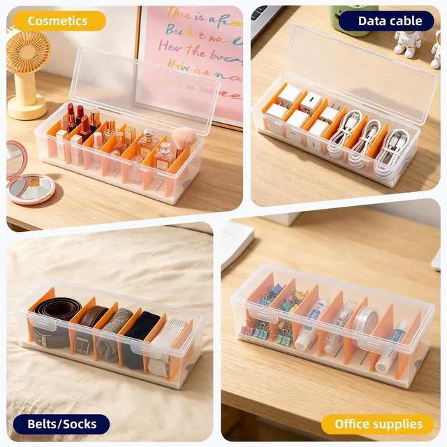 Alt view image 6 of 7 - 5 Pack Clear Cable Organizer Box with Lid, Plastic Cord Storage Case for Chargers, Power Cords, Electronics Accessories Transparent Desk Organizer, Stackable, Adjustable Dividers