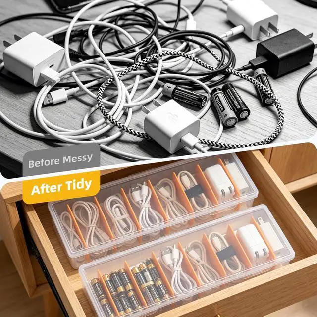 Alt view image 5 of 7 - 5 Pack Clear Cable Organizer Box with Lid, Plastic Cord Storage Case for Chargers, Power Cords, Electronics Accessories Transparent Desk Organizer, Stackable, Adjustable Dividers