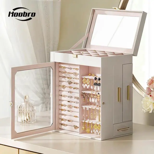 Alt view image 2 of 7 - Jewelry Box with Mirror, Travel Jewelry Organizer with Glass Window, Jewelry Storage Case, Vertical Storage, Gift for Loved Ones, for Earrings, Rings, Necklaces, Bracelets, White WT03JB04G2